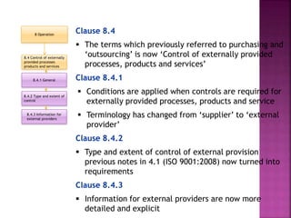 Clause 8.4
 The terms which previously referred to purchasing and
‘outsourcing’ is now ‘Control of externally provided
processes, products and services’
Clause 8.4.1
 Conditions are applied when controls are required for
externally provided processes, products and service
 Terminology has changed from ‘supplier’ to ‘external
provider’
Clause 8.4.2
 Type and extent of control of external provision
previous notes in 4.1 (ISO 9001:2008) now turned into
requirements
Clause 8.4.3
 Information for external providers are now more
detailed and explicit
8.4 Control of externally
provided processes
products and services
8.4.1 General
8.4.2 Type and extent of
control
8.4.3 Information for
external providers
8 Operation
 