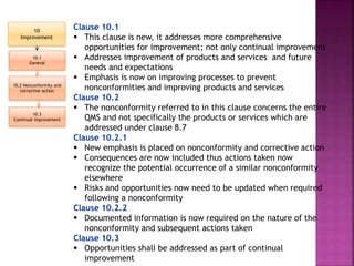 Clause 10.1
 This clause is new, it addresses more comprehensive
opportunities for improvement; not only continual improvement
 Addresses improvement of products and services and future
needs and expectations
 Emphasis is now on improving processes to prevent
nonconformities and improving products and services
Clause 10.2
 The nonconformity referred to in this clause concerns the entire
QMS and not specifically the products or services which are
addressed under clause 8.7
Clause 10.2.1
 New emphasis is placed on nonconformity and corrective action
 Consequences are now included thus actions taken now
recognize the potential occurrence of a similar nonconformity
elsewhere
 Risks and opportunities now need to be updated when required
following a nonconformity
Clause 10.2.2
 Documented information is now required on the nature of the
nonconformity and subsequent actions taken
Clause 10.3
 Opportunities shall be addressed as part of continual
improvement
10
Improvement
10.2 Nonconformity and
corrective action
10.3
Continual improvement
10.1
General
 