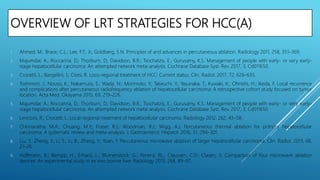 OVERVIEW OF LRT STRATEGIES FOR HCC(A)
1. Ahmed, M.; Brace, C.L.; Lee, F.T., Jr.; Goldberg, S.N. Principles of and advances in percutaneous ablation. Radiology 2011, 258, 351–369.
2. Majumdar, A.; Roccarina, D.; Thorburn, D.; Davidson, B.R.; Tsochatzis, E.; Gurusamy, K.S. Management of people with early- or very early-
stage hepatocellular carcinoma: An attempted network meta-analysis. Cochrane Database Syst. Rev. 2017, 3, Cd011650.
3. Crocetti, L.; Bargellini, I.; Cioni, R. Loco-regional treatment of HCC: Current status. Clin. Radiol. 2017, 72, 626–635.
4. Toshimori, J.; Nouso, K.; Nakamura, S.; Wada, N.; Morimoto, Y.; Takeuchi, Y.; Yasunaka, T.; Kuwaki, K.; Ohnishi, H.; Ikeda, F. Local recurrence
and complications after percutaneous radiofrequency ablation of hepatocellular carcinoma: A retrospective cohort study focused on tumor
location. Acta Med. Okayama 2015, 69, 219–226.
5. Majumdar, A.; Roccarina, D.; Thorburn, D.; Davidson, B.R.; Tsochatzis, E.; Gurusamy, K.S. Management of people with early- or very early-
stage hepatocellular carcinoma: An attempted network meta-analysis. Cochrane Database Syst. Rev. 2017, 3, Cd011650.
6. Lencioni, R.; Crocetti, L. Local-regional treatment of hepatocellular carcinoma. Radiology 2012, 262, 43–58.
7. Chinnaratha, M.A.; Chuang, M.Y.; Fraser, R.J.; Woodman, R.J.; Wigg, A.J. Percutaneous thermal ablation for primary hepatocellular
carcinoma: A systematic review and meta-analysis. J. Gastroenterol. Hepatol. 2016, 31, 294–301.
8. Liu, Y.; Zheng, Y.; Li, S.; Li, B.; Zhang, Y.; Yuan, Y. Percutaneous microwave ablation of larger hepatocellular carcinoma. Clin. Radiol. 2013, 68,
21–26.
9. Hoffmann, R.; Rempp, H.; Erhard, L.; Blumenstock, G.; Pereira, P.L.; Claussen, C.D.; Clasen, S. Comparison of four microwave ablation
devices: An experimental study in ex vivo bovine liver. Radiology 2013, 268, 89–97.
 