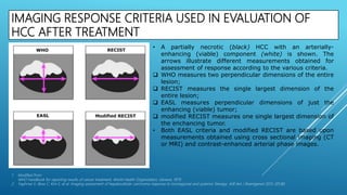 IMAGING RESPONSE CRITERIA USED IN EVALUATION OF
HCC AFTER TREATMENT
1. Modified from:
WHO handbook for reporting results of cancer treatment. World Health Organization, Geneva, 1979.
2. Yaghmai V, Besa C, Kim E, et al. Imaging assessment of hepatocellular carcinoma response to locoregional and systemic therapy. AJR Am J Roentgenol 2013; 201:80.
• A partially necrotic (black) HCC with an arterially-
enhancing (viable) component (white) is shown. The
arrows illustrate different measurements obtained for
assessment of response according to the various criteria.
 WHO measures two perpendicular dimensions of the entire
lesion;
 RECIST measures the single largest dimension of the
entire lesion;
 EASL measures perpendicular dimensions of just the
enhancing (viable) tumor;
 modified RECIST measures one single largest dimension of
the enchancing tumor.
• Both EASL criteria and modified RECIST are based upon
measurements obtained using cross sectional imaging (CT
or MRI) and contrast-enhanced arterial phase images.
 
