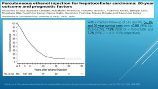 PEI ; OUTCOME?
Shiina S, et al. Percutaneous ethanol injection for hepatocellular carcinoma: 20-year outcome and prognostic factors. Liver Int. 2012 Oct; 32(9): 1434–1442.
• With a median follow-up of 51.6 months, 5-, 10-
and 20-year survival rates were 49.0% [95% CI=
45.3–53.0%], 17.9% (95% CI = 15.0–21.2%) and
7.2% (95% CI = 4..5–11.5%) respectively.
 