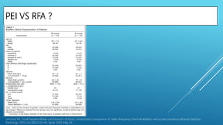 PEI VS RFA ?
Lencioni RA. Small hepatocellular carcinoma in cirrhosis: randomized comparison of radio-frequency thermal ablation versus percutaneous ethanol injection.
Radiology. 2003 Jul;228(1):235-40. Epub 2003 May 20.
 