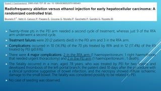  Twenty-three pts in the PEI arm needed a second cycle of treatment, whereas just 9 of the RFA
arm underwent a second cycle.
 Treatment failures were 20 (2 patients died) in the PEI arm and 3 in the RFA arm.
 Complications occurred in 10 (14.3%) of the 70 pts treated by RFA and in 12 (17.4%) of the 69
treated by PEI (p0.616).
 There were 4 major complications: 2 in the RFA arm (1 haemoperitoneum; 1 right haemothorax
that needed urgent thoracotomy) and 2 in the PEI arm (1 haemoperitoneum ; 1 death).
 The fatality occurred in a man, aged 78 years, who was treated by PEI for two lesions and
developed thrombosis of the left portal branch; the patient died 10 days after the procedure with
a clinical syndrome suggestive of bowel infarction, and the necropsy showed diffuse ischaemic
damage to the small bowel. The fatality was considered possibly to be related to PEI.
 No case of seeding was observed.
 