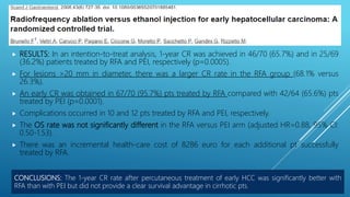  RESULTS: In an intention-to-treat analysis, 1-year CR was achieved in 46/70 (65.7%) and in 25/69
(36.2%) patients treated by RFA and PEI, respectively (p=0.0005).
 For lesions >20 mm in diameter, there was a larger CR rate in the RFA group (68.1% versus
26.3%).
 An early CR was obtained in 67/70 (95.7%) pts treated by RFA compared with 42/64 (65.6%) pts
treated by PEI (p=0.0001).
 Complications occurred in 10 and 12 pts treated by RFA and PEI, respectively.
 The OS rate was not significantly different in the RFA versus PEI arm (adjusted HR=0.88, 95% CI:
0.50-1.53).
 There was an incremental health-care cost of 8286 euro for each additional pt successfully
treated by RFA.
CONCLUSIONS: The 1-year CR rate after percutaneous treatment of early HCC was significantly better with
RFA than with PEI but did not provide a clear survival advantage in cirrhotic pts.
 