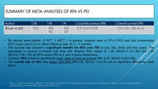 SUMMARY OF META-ANALYSES OF RFA VS PEI
Author DX RX N Local Recurrence (RR) Overall survival (RR)
Bouza et al[1] HCC RFA
PEI
396
391
0.37 (0.23-0.59) 1.24 (1.05-1.48) (4 yr)
1. Bouza C, López-Cuadrado T, Alcázar R, Saz-Parkinson Z,Amate JM. Meta-analysis of percutaneous radiofrequency ablation versus ethanol injection in
hepatocellular carcinoma. BMC Gastroenterol 2009; 9: 31
• Six studies were eligible. (5 RCT ,1 qRCT ). In general, subjects were in CP-A (74%) and had unresectable
HCC (mean size 2.5 cm). Mean follow-up was 25 +/- 11 months.
• The survival rate showed a significant benefit for RFA over PEI at one, two, three and four years. The
advantage in survival increased with time with Relative Risk values of: 1.28 (95%CI:1.12-1.45) and 1.24
(95%CI:1.05-1.48) for RFA versus PEI at 3- and 4-years respectively.
• Likewise, RFA achieved significantly lower rates of local recurrence (RR: 0.37, 95%CI: 0.23-0.59).
• The overall rate of AEs was higher with RFA (RR:2.55, 95%CI: 1.8-3.6) yet no significant differences were
found .
 
