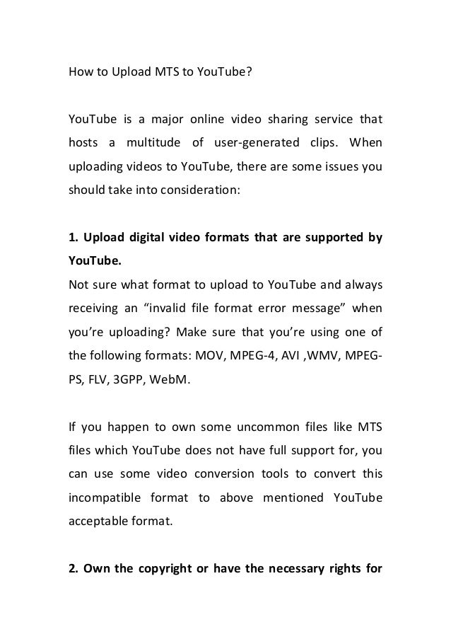 how to upload mts to youtube what format should i use for youtube