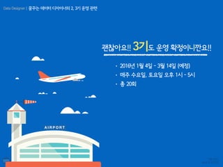 8월 9월 10월
데이터 정제 및 분석 시각화 및 팀프로젝트
데이터의 개념 파악
데이터 수집
데이터 정제
데이터 분석
R을 활용한 데이터 시각화
멘토링 및 특강
D3.js 데이터 시각화
팀프로젝트
컨퍼런스
데이터수집부터 시각화까지 모든 과정이 녹아든 융합적인 교육과정
Data Designer | 꿈꾸는 데이터 디자이너 교육과정
8월부터 10월까지 매주 2회 (4시간) 교육과정 운영
특히 데이터 관련 프로그래밍을 몰랐던 비전공자들을 대상으로 진행
 