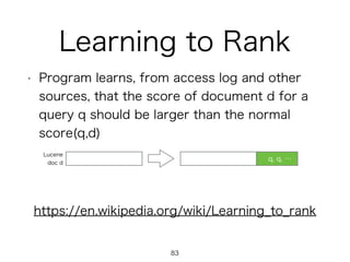 Learning to Rank
• Program learns, from access log and other
sources, that the score of document d for a
query q should be...