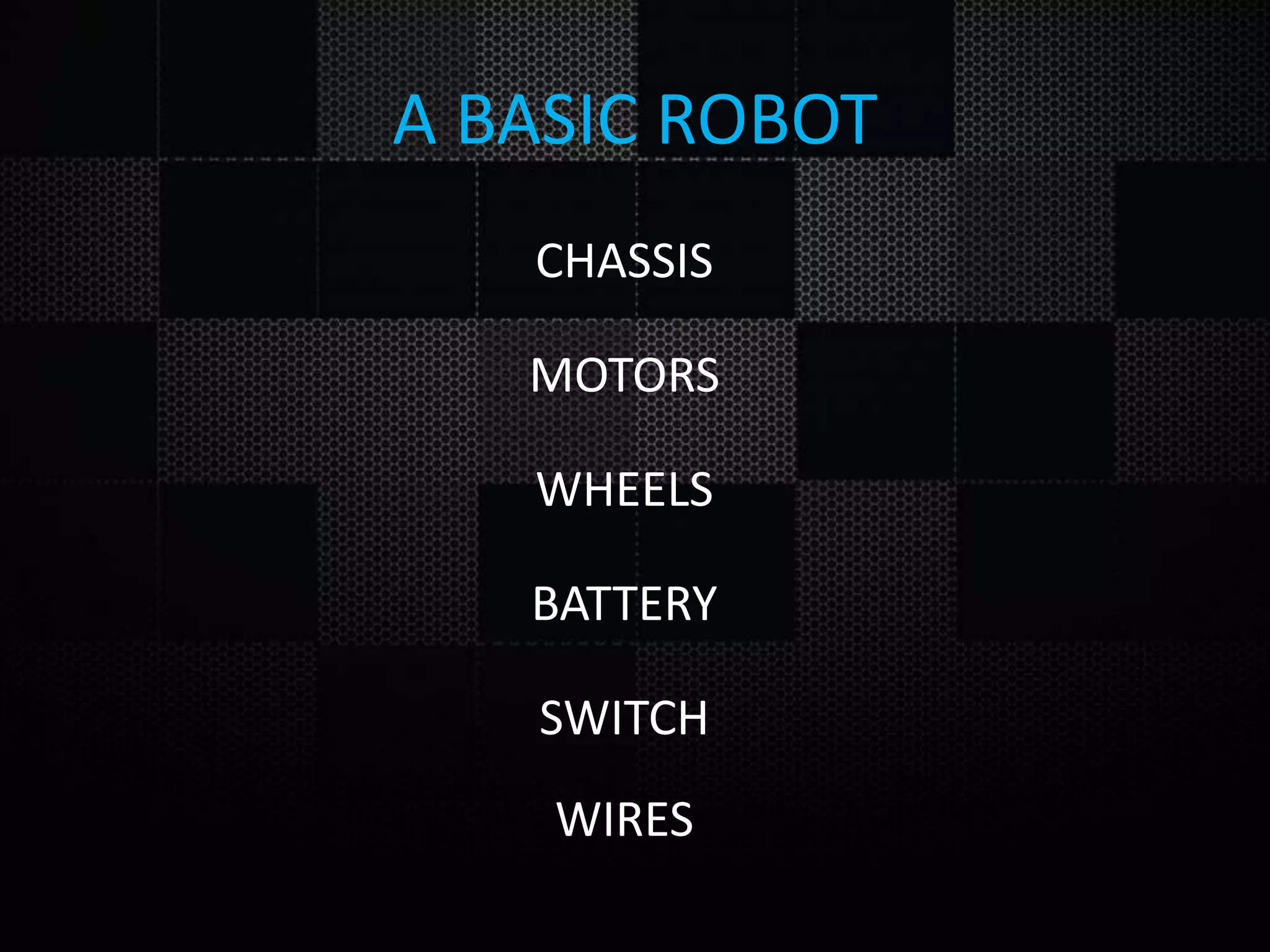 A BASIC ROBOT CHASSIS MOTORS WHEELS BATTERY SWITCH WIRES 
