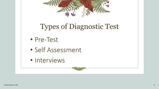Types of Diagnostic Test
• Pre-Test
• Self Assessment
• Interviews
Presentation title 4
 