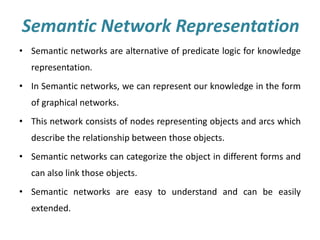 Semantic Network Representation
• Semantic networks are alternative of predicate logic for knowledge
representation.
• In Semantic networks, we can represent our knowledge in the form
of graphical networks.
• This network consists of nodes representing objects and arcs which
describe the relationship between those objects.
• Semantic networks can categorize the object in different forms and
can also link those objects.
• Semantic networks are easy to understand and can be easily
extended.
 