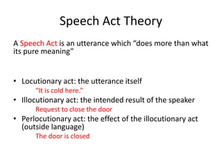 Speech Act Theory
A Speech Act is an utterance which “does more than what
its pure meaning”
• Locutionary act: the utterance itself
“It is cold here.”
• Illocutionary act: the intended result of the speaker
Request to close the door
• Perlocutionary act: the effect of the illocutionary act
(outside language)
The door is closed
 
