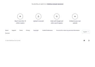 By uploading, you agree to our SlideShareUploaderAgreement

Reachmorethan70
millionreaders

Uploadinseconds

IndexwithGoogleand
othersearchengines

Embedonyourown
website
About Support Terms Privacy Copyright CookiePreferences Donotsellorsharemypersonalinformation
Everand
© 2024 SlideShare from Scribd  
English 
 