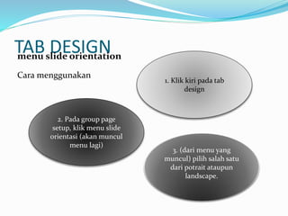 TAB DESIGN
Cara menggunakan
menu slide orientation
1. Klik kiri pada tab
design
2. Pada group page
setup, klik menu slide
orientasi (akan muncul
menu lagi)
3. (dari menu yang
muncul) pilih salah satu
dari potrait ataupun
landscape.
 