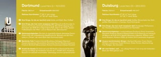 Dortmund Local Hero 9. – 15.5.2010                                           Duisburg Local Hero 23. – 29.5.2010
Fläche: 280 km2          Einwohnerzahl: 590.000                              Fläche: 233 km2        Einwohnerzahl: 491.317

Rathaus-Koordinaten: 7° 28' 2" östl. Länge                                   Rathaus-Koordinaten: 6° 45' 41" östl. Länge
                     51° 30' 40" nördl. Breite                                                    51° 26' 7" nördl. Breite

Drei Dinge, für die wir berühmt sind: Kohle und Stahl, Bier, Fußball         Drei Dinge, für die wir berühmt sind: Größter Binnenhafen der Welt,
                                                                             größter Stahlstandort in Europa, Horst Schimanski
Drei Dinge, die man nicht verpassen darf: Besuch im Dortmunder U,
Zentrum für Kunst und Kreativiät (Eröffnung: Mai 2010), Segway­Tour,         Drei Dinge, die man nicht verpassen darf: Duisburger Philharmoni­
Heimspiel des BVB 09 im Signal Iduna Park, dem lt. der Times „besten         ker, Traumzeit­Festival, Sommerkino am Hochofen
Fußballstadion der Welt“, und ein Besuch des „Borusseums“
                                                                             Sehenswürdigkeiten: Landschaftspark Duisburg­Nord, Innenhafen,
Sehenswürdigkeiten: Die teils im Jugendstil erbaute ehemalige Zeche          Sportpark Duisburg, Museum Küppersmühle mit Erweiterung von Herzog &
Zollern II/IV, die mittelalterliche Stadtkirche St. Reinoldi und der Fern­   de Meuron ab Ende 2010, Merkez­Moschee in Marxloh, Wilhelm Lehm­
sehturm „Florian“, der einen Blick über Dortmund bietet                      bruck Museum, Museum DKM, ab Herbst 2010 Landmarke Angerpark

Berühmte Tote: Friedrich Arnold Brockhaus (Verleger), Eberhard               Unsere berühmtesten Bürger: Gerhard Mercator, Franz Haniel,
Hoesch (deutscher Industrieller), Henriette Davidis (Kochbuchautorin),       Wilhelm Lehmbruck, Rudolf Schock, Dieter Kürten, Manfred Krug,
Friedrich Brinkhoff (Braumeister), Richard Huelsenbeck (Dada­Künstler)       Fritz Pleitgen, Aslı Sevindim

Anzahl der Kioske: Ein Hoch auf rund 420 Kioske in Dortmund! Der Erfor­      Wir sind Helden, weil … mit „König Pilsener“ hier eines der leckersten
schung und Pflege der Kioskkultur hat sich der 1. KCMO 06 (1. Kioskclub      Biere der Welt gebraut wird
Museum am Ostwall) verschrieben. Vereinslogo ist eine Lakritzschnecke!
 