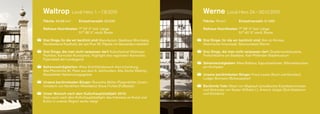Waltrop Local Hero 1. – 7.8.2010                                          Werne Local Hero 24.– 30.10.2010
Fläche: 46,98 km2      Einwohnerzahl: 29.636                              Fläche: 76 km2          Einwohnerzahl: 31.686

Rathaus-Koordinaten: 7° 24' 0" östl. Länge                                Rathaus-Koordinaten: 7° 38' 0" östl. Länge
                     51° 38' 0" nördl. Breite                                                  51° 40' 0" nördl. Breite

Drei Dinge, für die wir berühmt sind: Manufactum, Gasthaus Stromberg,     Drei Dinge, für die wir berühmt sind: Sim­Jü­Kirmes,
Handweberei Kaufhold, die seit Pius XII. Päpste mit Gewändern beliefert   Historische Innenstadt, Natursolebad Werne

Drei Dinge, die man nicht verpassen darf: Kulturfestival Waltroper        Drei Dinge, die man nicht verpassen darf: Gradierwerkkonzerte,
Parkfest, Karnickel­Kunstpreis, Highlight des regionalen Karnevals:       Freilichtbühne am Stadtsee, Karl­Pollender­Stadtmuseum
Pyjamaball der Landjugend
                                                                          Sehenswürdigkeiten: Altes Rathaus, Kapuzinerkloster, Wärmehäuschen
Sehenswürdigkeiten: Altes Schiffshebewerk Henrichenburg,                  am Kirchplatz
Alte Pfarrkirche St. Peter aus dem 9. Jahrhundert, Alte Zeche Waltrop,
Rieselfelder Naherholungsgebiet                                           Unsere berühmtesten Bürger: Franz Lauter (Koch und Künstler),
                                                                          Ludger Burmann (Schauspieler)
Unsere berühmtesten Bürger: Roswitha Müller­Piepenkötter (Justiz­
ministerin von Nordrhein­Westfalen), Klaus Fichtel (Fußballer)            Berühmte Tote: Albert von Maybach (preußischer Eisenbahnminister
                                                                          und Vertrauter von Kaiser Wilhelm I.), Antonie Jüngst (Schriftstellerin
Unser Wunsch nach dem Kulturhauptstadtjahr 2010:                          und Dichterin)
Dass auch nach dem Kulturhauptstadtjahr das Interesse an Kunst und
Kultur in unserer Region weiter steigt
 