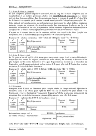 ESC PAU – FCD 2005/2007 Comptabilité générale - Cours 
1.3. Achat de biens au comptant 
Le plan comptable générale impose de considérer, tout au long de l’exercice comptable, que les 
marchandises et les matières premières achetées sont immédiatement consommées. Les achats 
doivent donc être comptabilisés dans des comptes de charge et non pas de stock. Ce n’est qu’à la 
fin de l’exercice comptable que le montant en stock sera régularisé (cf. ci-après au paragraphe 2.1). 
Cette méthode est bien plus simple que celle qui consiste à enregistrer les achats de biens stockables 
dans des comptes de stocks et à les transférer ensuite dans des comptes de charges au fur et à 
mesure de leur utilisation. En effet, elle permet de limiter le nombre d’opérations à comptabiliser et 
de repousser à la date de clôture le problème de la valorisation des mouvements de stocks. 
L’argent sur le compte bancaire est la ressource, utilisée pour acquérir des biens (emploi non 
récupérable pour le montant HT) et pour acquitter la TVA (emploi récupérable). 
Exemple n°5 : achat au comptant de 1 000 T-shirts à 5 € HT pièce (total TTC = 5 980 €) : 
n° 
compte 
débit 
n° 
compte 
crédit 
Libellé du compte Montant 
débit 
Montant 
crédit 
607000 
445600 
512000 
Achats de marchandises 
TVA déductible 
Banque 
5 000 
980 
5 980 
1.4. Achat de biens à crédit 
Le fait qu’un achat soit réglé à crédit plutôt qu’au comptant ne change rien à la comptabilisation de 
l’emploi (le flux entrant est toujours constitué des biens achetés). En revanche, la ressource n’est 
plus l’argent sur le compte bancaire (il n’y a pas de paiement au moment de la réalisation de 
l’opération) mais l’engagement donné au fournisseur de le payer plus tard. Il faudra donc créditer 
un compte de dette vis à vis du fournisseur. 
Exemple n°6 : achat à crédit de 1 000 T-shirts à 5 € HT pièce (total TTC = 5 980 €) : 
n° 
compte 
débit 
n° 
compte 
crédit 
Libellé du compte Montant 
débit 
Montant 
crédit 
607000 
445660 
401000 
Achats de marchandises 
TVA déductible 
Fournisseurs 
5 000 
980 
5 980 
1.5. Règlement 
Lorsqu’un achat à crédit est finalement payé, l’argent sortant du compte bancaire représente la 
ressource. Celle-ci est utilisé pour régler la dette vis-à-vis du fournisseur (flux entrant = le 
fournisseur « rend » à l’entreprise l’engagement de payer qu’elle lui avait donné initialement). Le 
compte de dette vis-à-vis du fournisseur est donc débité, ce qui a pour effet de le solder. 
Exemple n°7 : règlement des 1 000 T-shirts achetés à crédit : 
n° 
compte 
débit 
n° 
compte 
crédit 
Libellé du compte Montant 
débit 
Montant 
crédit 
401000 
512000 
Fournisseurs 
Banque 
5 980 
5 980 
Présentation « compte en T » 
du compte « 401000 – Fournisseurs » : 
401000 – Fournisseurs 
(règlement) 5 980 
5 980 (achat à crédit) 
Total débit = total crédit = 5 980 € Î solde = 0 (l’entreprise ne doit plus rien à son fournisseur). 
Laurence Le Gallo 16 
 