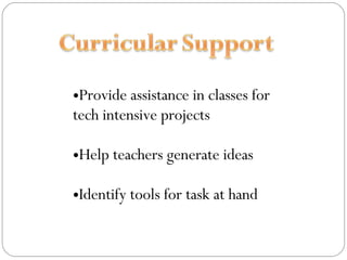 Provide assistance in classes for tech intensive projects Help teachers generate ideas Identify tools for task at hand 