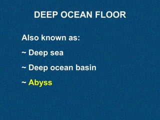 DEEP OCEAN FLOOR
Also known as:
~ Deep sea
~ Deep ocean basin
~ Abyss

 