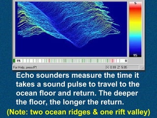 Echo sounders measure the time it
takes a sound pulse to travel to the
ocean floor and return. The deeper
the floor, the longer the return.
(Note: two ocean ridges & one rift valley)

 