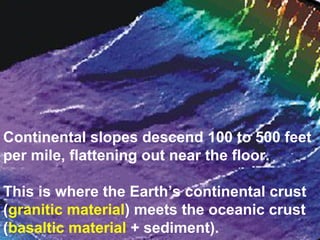 Continental slopes descend 100 to 500 feet
per mile, flattening out near the floor.
This is where the Earth’s continental crust
(granitic material) meets the oceanic crust
(basaltic material + sediment).

 