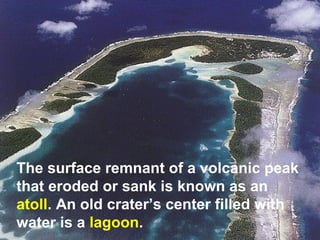 The surface remnant of a volcanic peak
that eroded or sank is known as an
atoll. An old crater’s center filled with
water is a lagoon.

 