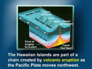 The Hawaiian Islands are part of a
chain created by volcanic eruption as
the Pacific Plate moves northwest.

 