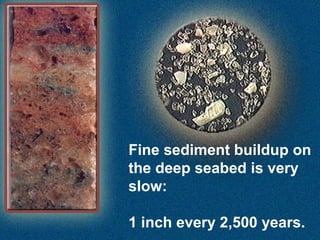 Fine sediment buildup on
the deep seabed is very
slow:
1 inch every 2,500 years.

 