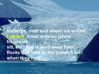 Icebergs, river and shore ice entrap
Detritus, loose material (stone
fragments,
silt, etc.) that is worn away from
Rocks that falls to the ocean floor

when they melt.

 