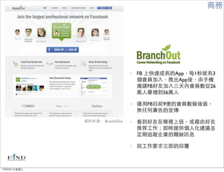 商務




                               FB 上快速成長的App，每1秒就有3
                               個會員加入，推出App後，由手機
                               邀請FB好友加入三天內會員數從26
                               萬人暴增到56萬人

                               運用FB目前9億的會員數做後盾，
                               無任何廣告的宣傳

             資料來源： BranchOut   看到好友在哪裡上班，或藉由好友
                               推荐工作；即時提供個人化建議並
                               定期追蹤企業的職缺訊息

                               找工作要求立即的回覆



12年8月1日星期三
 