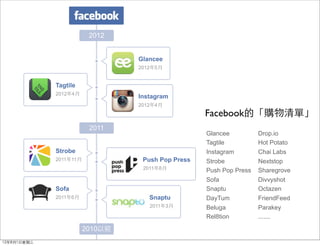 2012


                                 Glancee
                                 2012年5月


             Tagtile
             2012年4月
                                 Instagram
                                 2012年4月
                                                   Facebook的「購物清單」
                         2011
                                                   Glancee          Drop.io
                                                   Tagtile          Hot Potato
             Strobe                                Instagram        Chai Labs
             2011年11月             Push Pop Press   Strobe           Nextstop
                                  2011年8月          Push Pop Press   Sharegrove
                                                   Sofa             Divvyshot
             Sofa                                  Snaptu           Octazen
             2011年6月                Snaptu         DayTum           FriendFeed
                                    2011年3月        Beluga           Parakey
                                                   Rel8tion         .......

                        2010以前
12年8月1日星期三
 