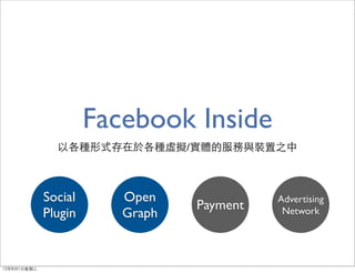 Facebook Inside
               以各種形式存在於各種虛擬/實體的服務與裝置之中



             Social      Open              Advertising
                                 Payment
             Plugin      Graph              Network




12年8月1日星期三
 