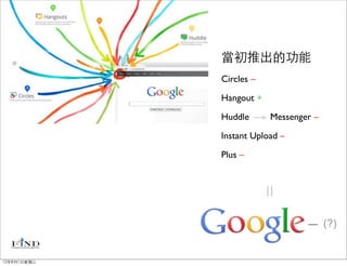 當初推出的功能
             Circles –

             Hangout +

             Huddle      Messenger –

             Instant Upload –

             Plus –




                                 — (?)


12年8月1日星期三
 