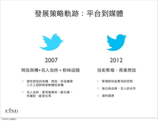 發展策略軌跡：平台到媒體




                   2007            2012
             開放架構+名人加持＋粉絲追隨     技術緊縮，商業開放

              彈性開放的架構：開放、容易讓第    緊縮對技術應用的控制
              三方工程師開發軟體的架構
                                 強化與品牌、名人的合作
              名人加持：愛希頓庫奇、歐尼爾、
              布蘭妮、歐普拉等           資料服務




12年8月1日星期三
 