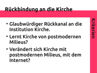 Rückbindung an die Kirche




                                     Kriterien

    Glaubwürdiger Rückkanal an die
    Institution Kirche.

    Lernt Kirche von postmodernen
    Milieus?

    Verändert sich Kirche mit
    postmodernen Milieus, mit dem
    Internet?
 