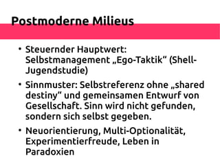 Postmoderne Milieus

 
     Steuernder Hauptwert:
     Selbstmanagement „Ego-Taktik“ (Shell-
     Jugendstudie)
 
     Sinnmuster: Selbstreferenz ohne „shared
     destiny“ und gemeinsamen Entwurf von
     Gesellschaft. Sinn wird nicht gefunden,
     sondern sich selbst gegeben.
 
     Neuorientierung, Multi-Optionalität,
     Experimentierfreude, Leben in
     Paradoxien
 