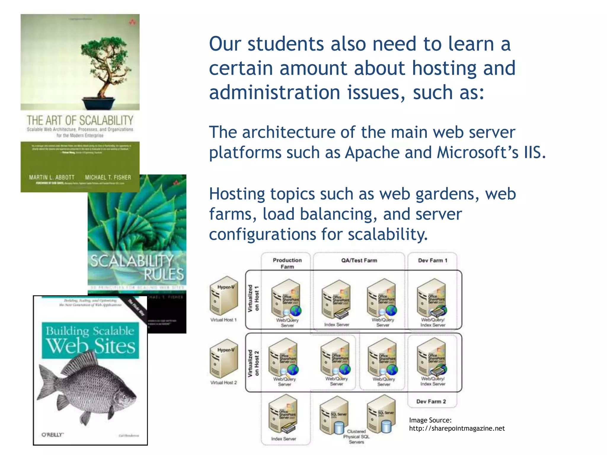 Our students also need to learn a
certain amount about hosting and
administration issues, such as:
The architecture of the main web server
platforms such as Apache and Microsoft’s IIS.

Hosting topics such as web gardens, web
farms, load balancing, and server
configurations for scalability.




                          Image Source:
                          http://sharepointmagazine.net
 