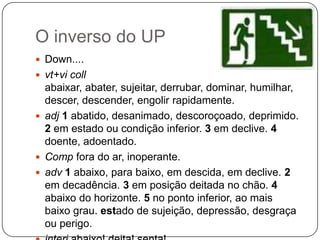 O inverso do UPDown....vt+vi coll abaixar, abater, sujeitar, derrubar, dominar, humilhar, descer, descender, engolir rapidamente. adj1 abatido, desanimado, descoroçoado, deprimido. 2 em estado ou condição inferior. 3 em declive. 4 doente, adoentado.Compfora do ar, inoperante. adv 1 abaixo, para baixo, em descida, em declive. 2 em decadência. 3 em posição deitada no chão. 4 abaixo do horizonte. 5 no ponto inferior, ao mais baixo grau. estado de sujeição, depressão, desgraça ou perigo. interj abaixo! deita! senta! 