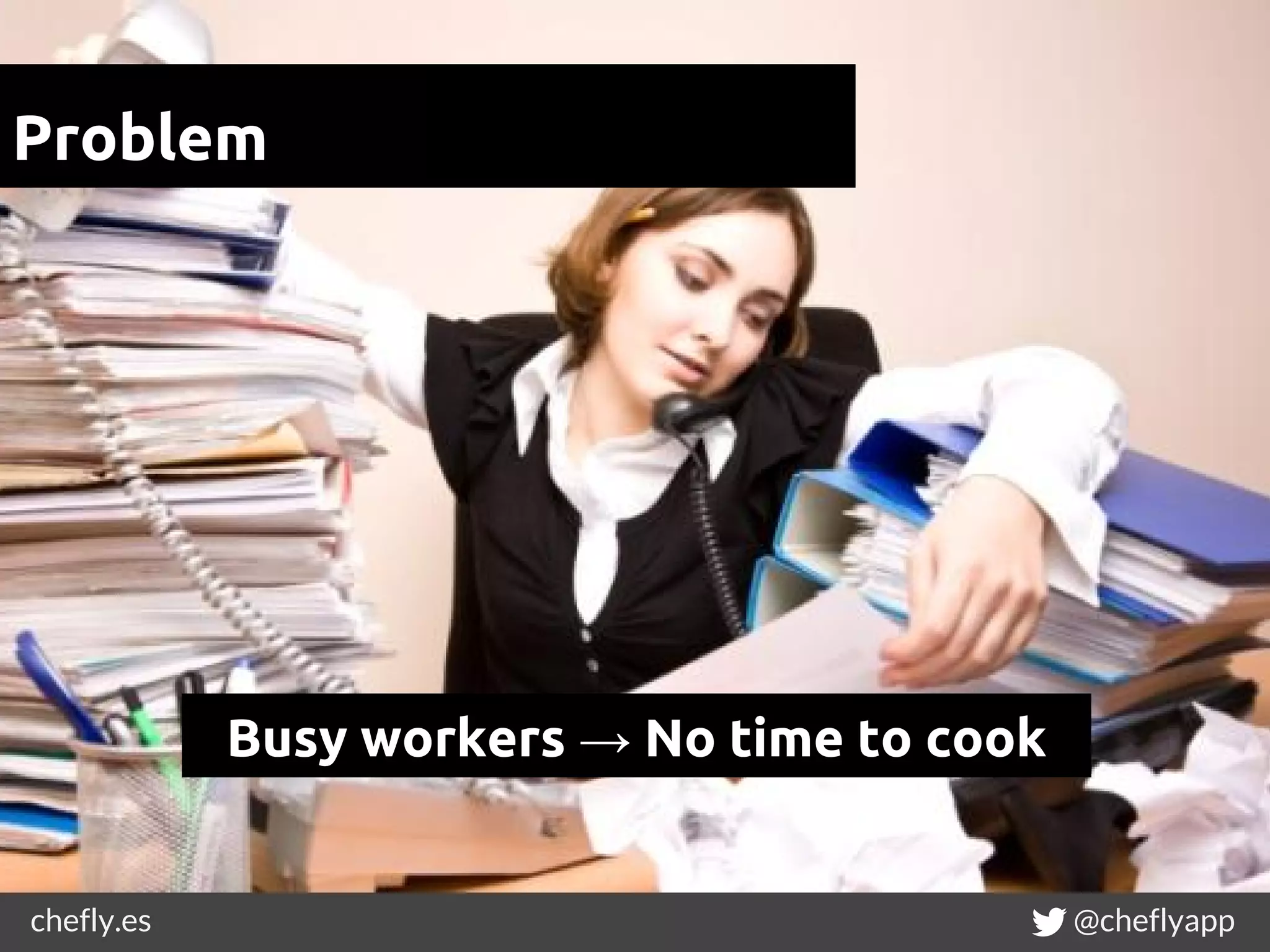 chefly.es @cheflyapp
Problem
Busy workers → No time to cook
 
