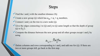Steps
Find the i and j with the smallest distance Dij.
Create a new group (ij) which has n(ij) = ni + nj members.
Connect i and j on the tree to a new node (ij).
Give the edges connecting i to (ij) and j to (ij) same length so that the depth of group
(ij) is Dij/2.
Compute the distance between the new group and all other groups except i and j by
using
𝐷 𝑖𝑗 , 𝑘 =
Dik +𝐷 𝑗𝑘
2
Delete columns and rows corresponding to i and j and add one for (ij). If there are
two or more groups left, go back to the ﬁrst step
 