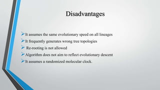 Disadvantages
It assumes the same evolutionary speed on all lineages
It frequently generates wrong tree topologies
 Re-rooting is not allowed
Algorithm does not aim to reflect evolutionary descent
It assumes a randomized molecular clock.
 