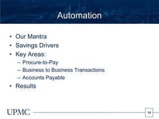 Automation

• Our Mantra
• Savings Drivers
• Key Areas:
  – Procure-to-Pay
  – Business to Business Transactions
  – Accounts Payable
• Results



                                        14
 