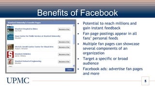 Benefits of FacebookPotential to reach millions and gain instant feedbackFan page postings appear in all fans’ personal feedsMultiple fan pages can showcase several components of an organizationTarget a specific or broad audienceFacebook ads: advertise fan pages and more5
