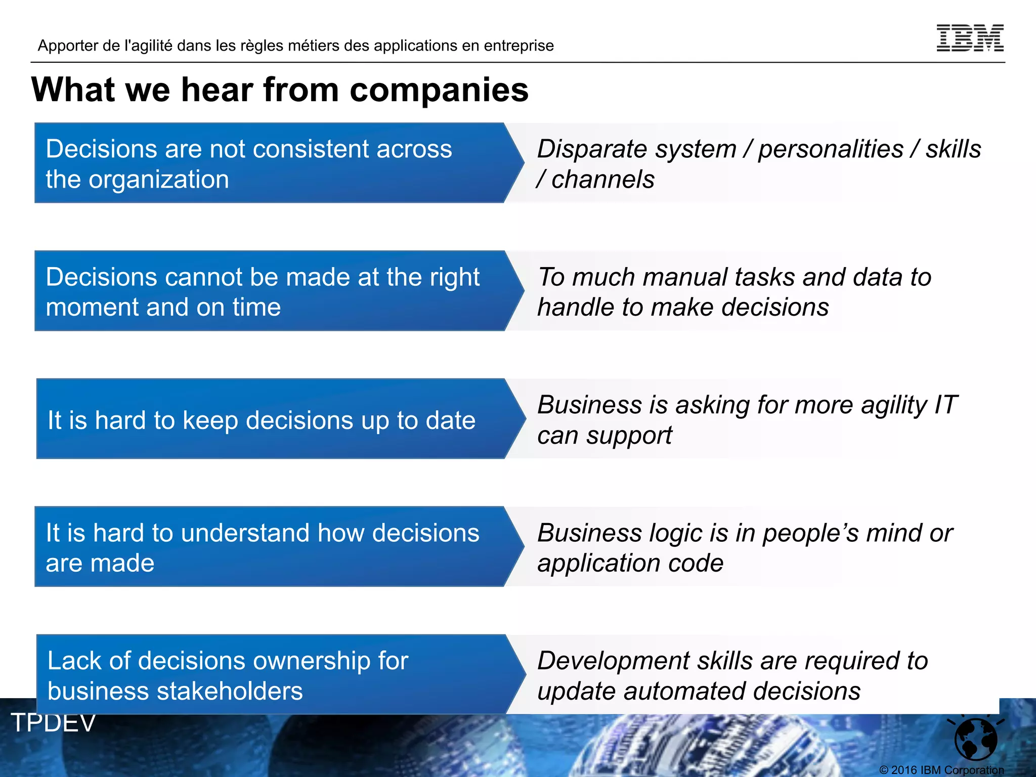 © 2016 IBM Corporation
Apporter de l'agilité dans les règles métiers des applications en entreprise
TPDEV
Disparate system / personalities / skills
/ channels
Decisions are not consistent across
the organization
To much manual tasks and data to
handle to make decisions
Decisions cannot be made at the right
moment and on time
Business is asking for more agility IT
can support
It is hard to keep decisions up to date
Business logic is in people’s mind or
application code
It is hard to understand how decisions
are made
Development skills are required to
update automated decisions
Lack of decisions ownership for
business stakeholders
What we hear from companies
 
