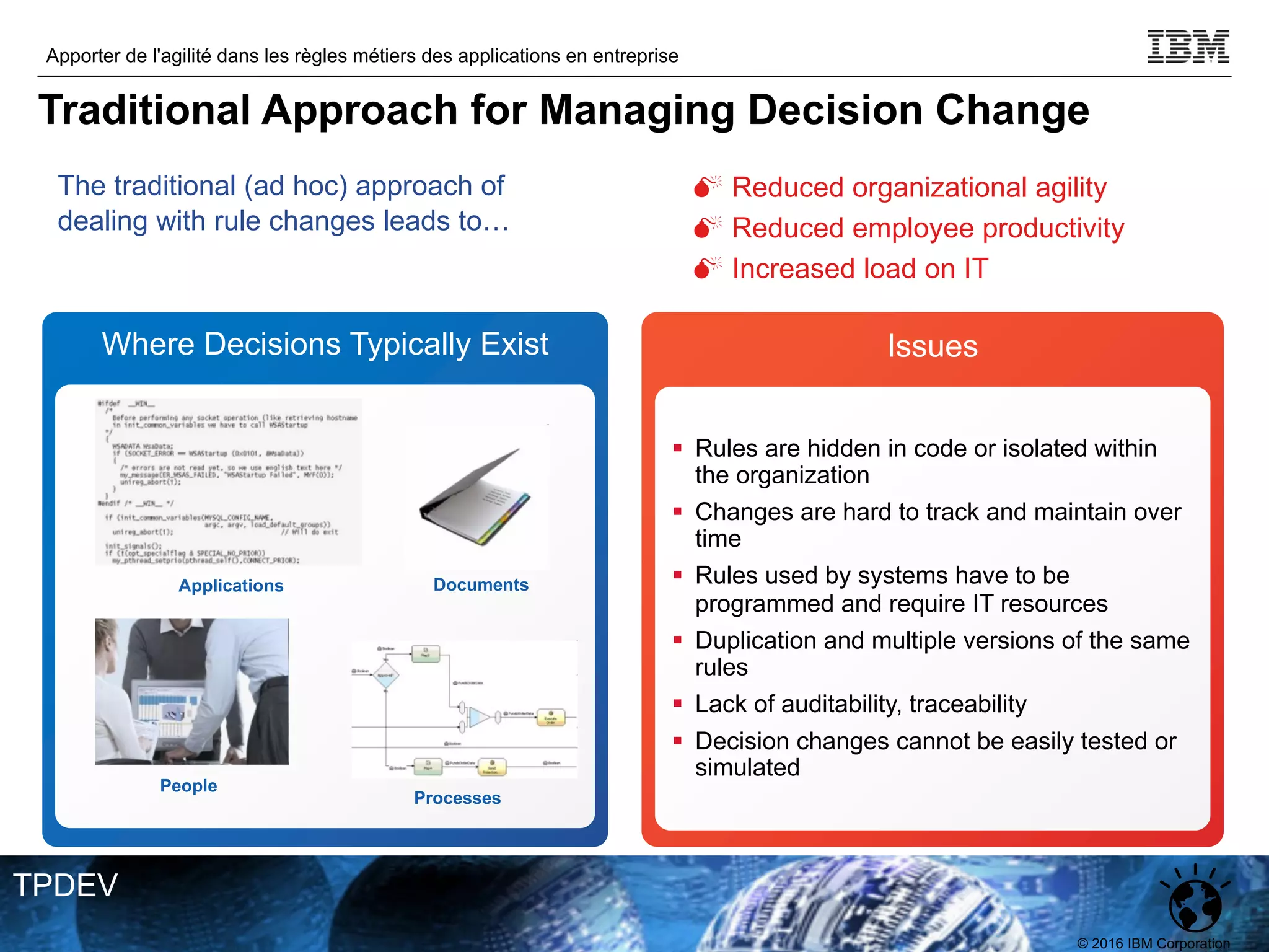 © 2016 IBM Corporation
Apporter de l'agilité dans les règles métiers des applications en entreprise
TPDEV
The traditional (ad hoc) approach of
dealing with rule changes leads to…
M Reduced organizational agility
M Reduced employee productivity
M Increased load on IT
Issues
§ Rules are hidden in code or isolated within
the organization
§ Changes are hard to track and maintain over
time
§ Rules used by systems have to be
programmed and require IT resources
§ Duplication and multiple versions of the same
rules
§ Lack of auditability, traceability
§ Decision changes cannot be easily tested or
simulated
Where Decisions Typically Exist
Applications
Processes
People
Documents
Traditional Approach for Managing Decision Change
 