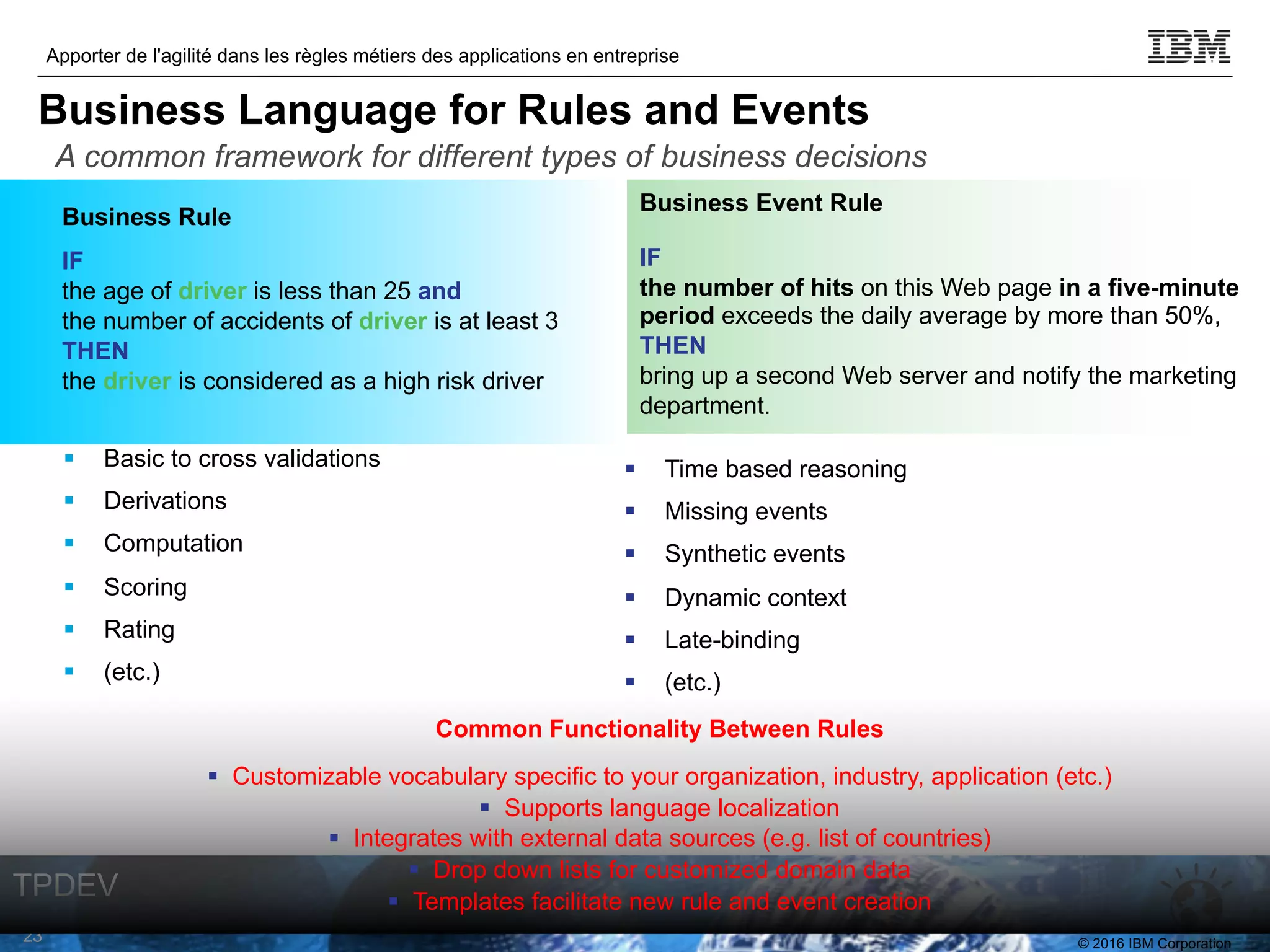 © 2016 IBM Corporation
Apporter de l'agilité dans les règles métiers des applications en entreprise
TPDEV
§ Basic to cross validations
§ Derivations
§ Computation
§ Scoring
§ Rating
§ (etc.)
A common framework for different types of business decisions
§ Time based reasoning
§ Missing events
§ Synthetic events
§ Dynamic context
§ Late-binding
§ (etc.)
Business Event Rule
IF
the number of hits on this Web page in a five-minute
period exceeds the daily average by more than 50%,
THEN
bring up a second Web server and notify the marketing
department.
23
Business Rule
IF
the age of driver is less than 25 and
the number of accidents of driver is at least 3
THEN
the driver is considered as a high risk driver
Common Functionality Between Rules
§ Customizable vocabulary specific to your organization, industry, application (etc.)
§ Supports language localization
§ Integrates with external data sources (e.g. list of countries)
§ Drop down lists for customized domain data
§ Templates facilitate new rule and event creation
Business Language for Rules and Events
 
