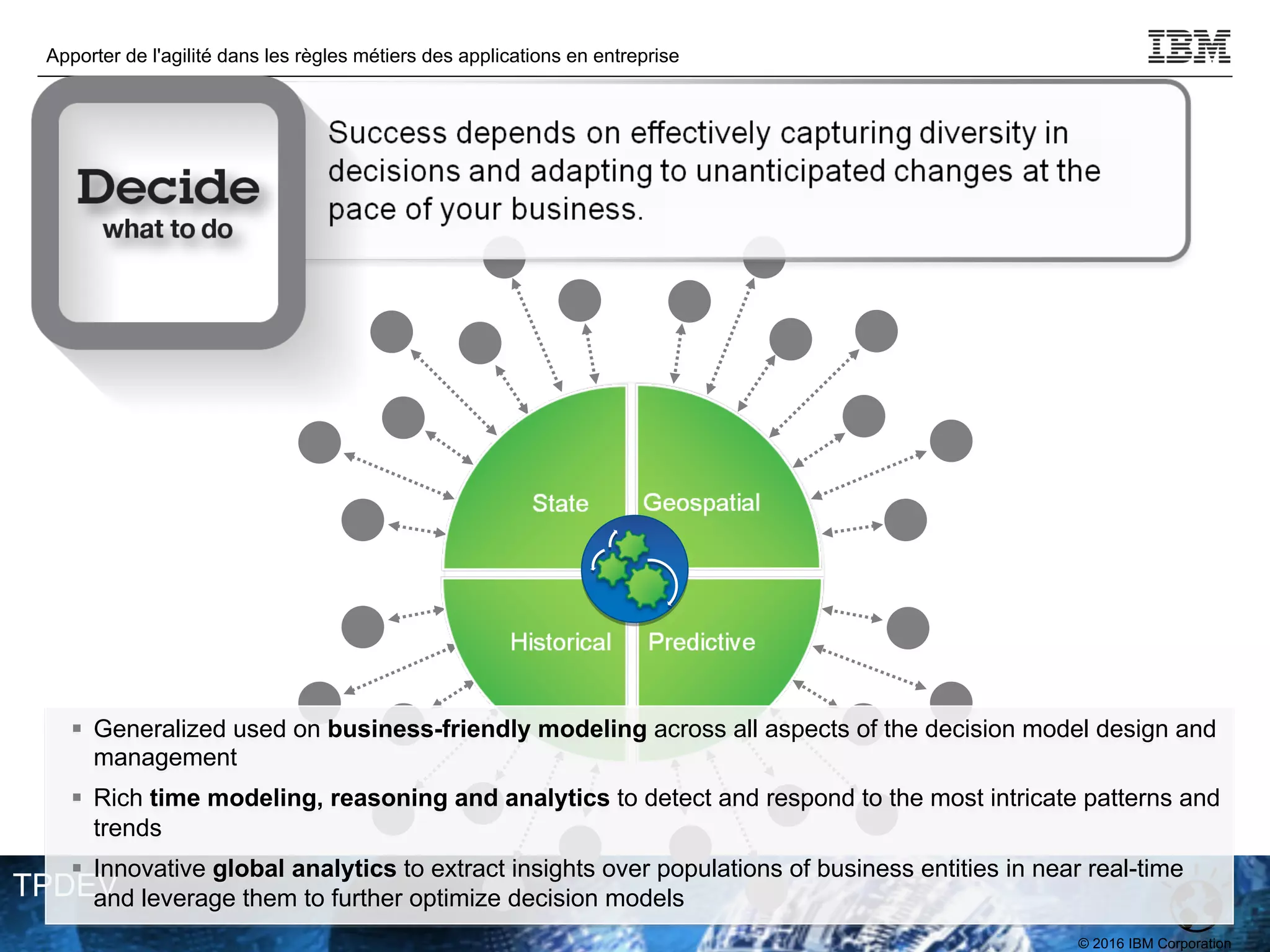© 2016 IBM Corporation
Apporter de l'agilité dans les règles métiers des applications en entreprise
TPDEV
§ Generalized used on business-friendly modeling across all aspects of the decision model design and
management
§ Rich time modeling, reasoning and analytics to detect and respond to the most intricate patterns and
trends
§ Innovative global analytics to extract insights over populations of business entities in near real-time
and leverage them to further optimize decision models
 