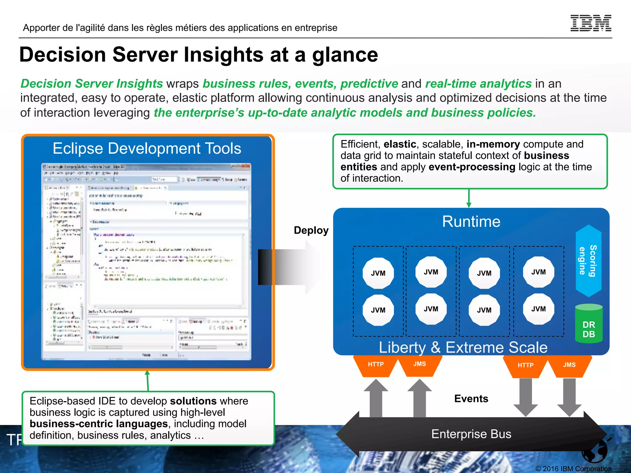 © 2016 IBM Corporation
Apporter de l'agilité dans les règles métiers des applications en entreprise
TPDEV
Decision Server Insights wraps business rules, events, predictive and real-time analytics in an
integrated, easy to operate, elastic platform allowing continuous analysis and optimized decisions at the time
of interaction leveraging the enterprise’s up-to-date analytic models and business policies.
Eclipse Development Tools
Eclipse-based IDE to develop solutions where
business logic is captured using high-level
business-centric languages, including model
definition, business rules, analytics … Enterprise Bus
JMS
Events
HTTP JMS
HTTP
Runtime
DR
DB
JVM
JVM
JVM
JVM
JVM
JVM
JVM
JVM
Scoring
engine
Efficient, elastic, scalable, in-memory compute and
data grid to maintain stateful context of business
entities and apply event-processing logic at the time
of interaction.
Deploy
Liberty & Extreme Scale
Decision Server Insights at a glance
 