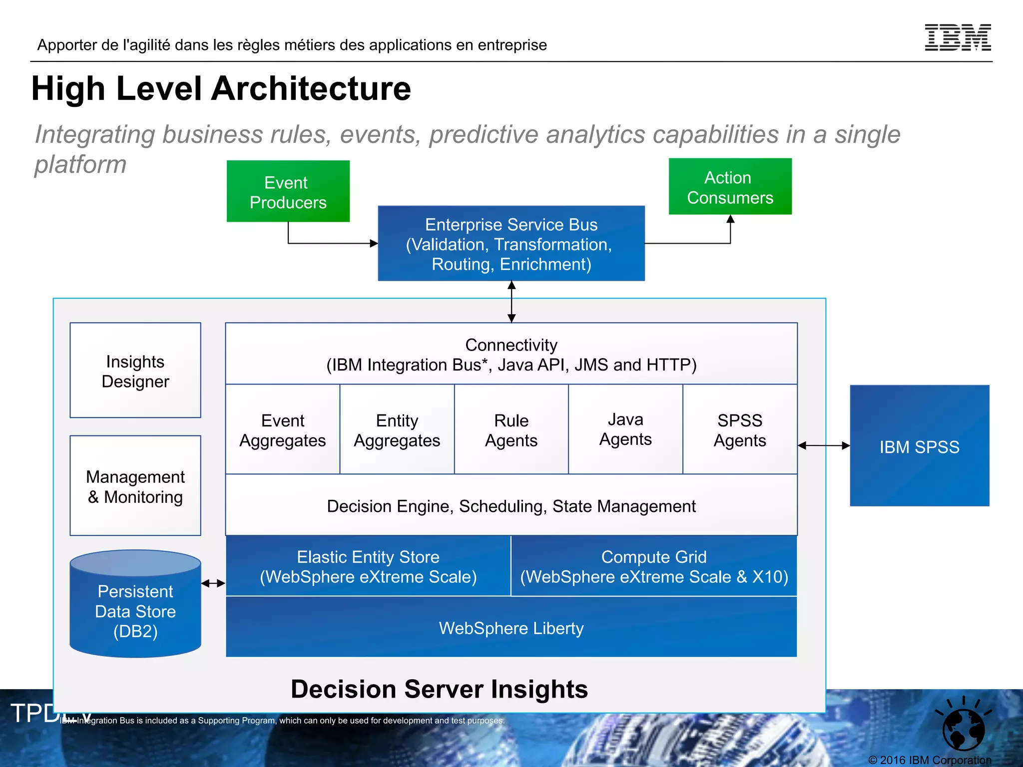 © 2016 IBM Corporation
Apporter de l'agilité dans les règles métiers des applications en entreprise
TPDEV
Decision Server Insights
Insights
Designer
Management
& Monitoring
Event
Producers
Action
Consumers
Enterprise Service Bus
(Validation, Transformation,
Routing, Enrichment)
Rule
Agents
Java
Agents
SPSS
Agents
Event
Aggregates
Entity
Aggregates
Elastic Entity Store
(WebSphere eXtreme Scale)
Connectivity
(IBM Integration Bus*, Java API, JMS and HTTP)
WebSphere Liberty
Compute Grid
(WebSphere eXtreme Scale & X10)
Decision Engine, Scheduling, State Management
IBM SPSS
*IBM Integration Bus is included as a Supporting Program, which can only be used for development and test purposes.
Persistent
Data Store
(DB2)
Integrating business rules, events, predictive analytics capabilities in a single
platform
High Level Architecture
 