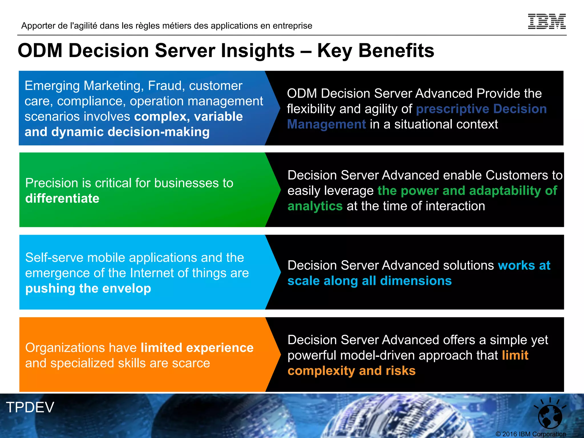 © 2016 IBM Corporation
Apporter de l'agilité dans les règles métiers des applications en entreprise
TPDEV
Decision Server Advanced enable Customers to
easily leverage the power and adaptability of
analytics at the time of interaction
Precision is critical for businesses to
differentiate
Decision Server Advanced solutions works at
scale along all dimensions
Self-serve mobile applications and the
emergence of the Internet of things are
pushing the envelop
ODM Decision Server Advanced Provide the
flexibility and agility of prescriptive Decision
Management in a situational context
Emerging Marketing, Fraud, customer
care, compliance, operation management
scenarios involves complex, variable
and dynamic decision-making
Decision Server Advanced offers a simple yet
powerful model-driven approach that limit
complexity and risks
Organizations have limited experience
and specialized skills are scarce
ODM Decision Server Insights – Key Benefits
 